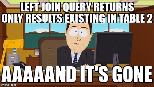 overflow_meme's tweet image. LEFT JOIN query returns only results existing in table 2 stackoverflow.com/questions/7196… #sqlview #join #mysql
