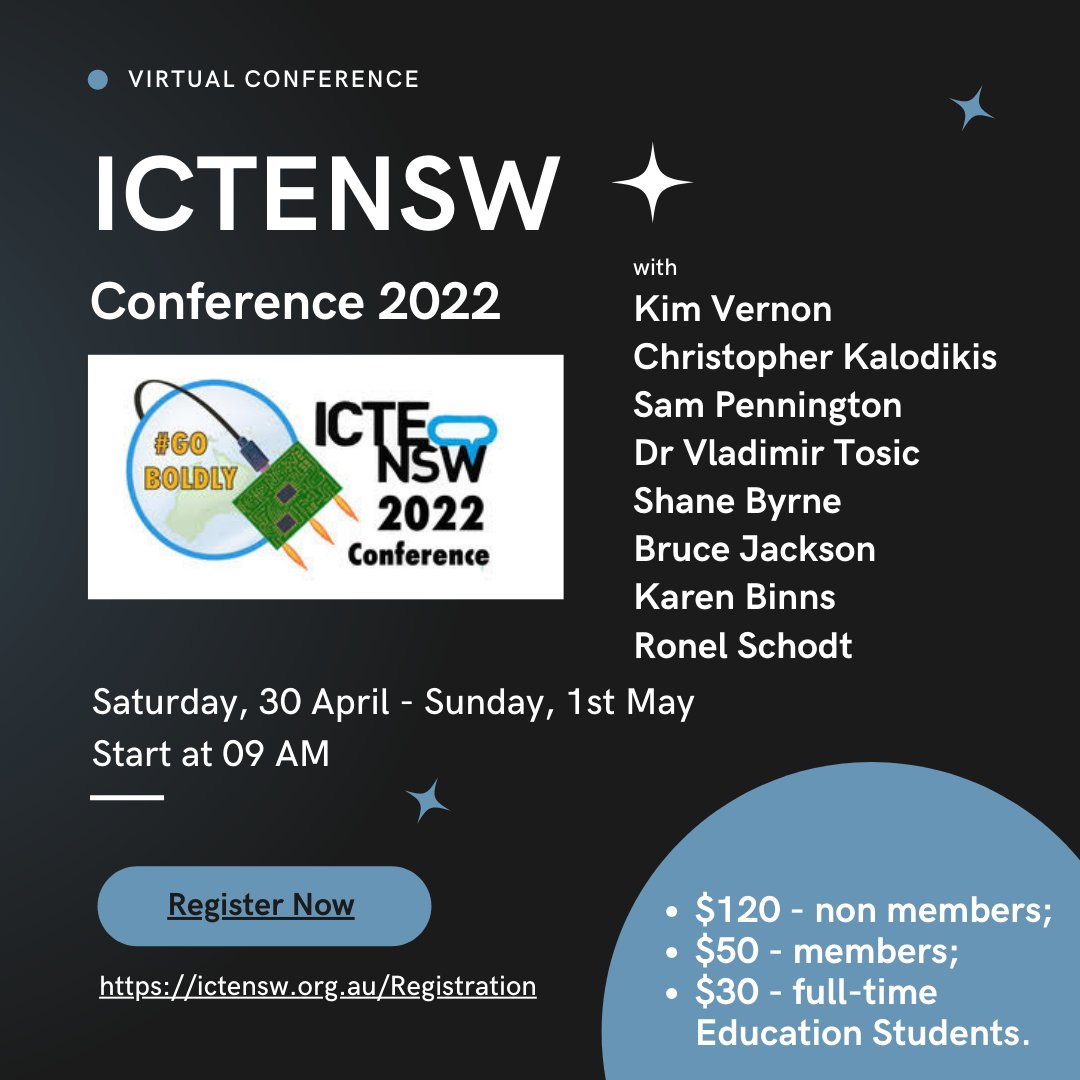 Register here ictensw.org.au/Registration for the @ictensw conference If you are not a member join #ICTENSW and then register for the conference, $70 + $50 you will get access to all recordings of all conference sessions and past webinars. #EdTECH #AussieED #PrimarySTEMChat