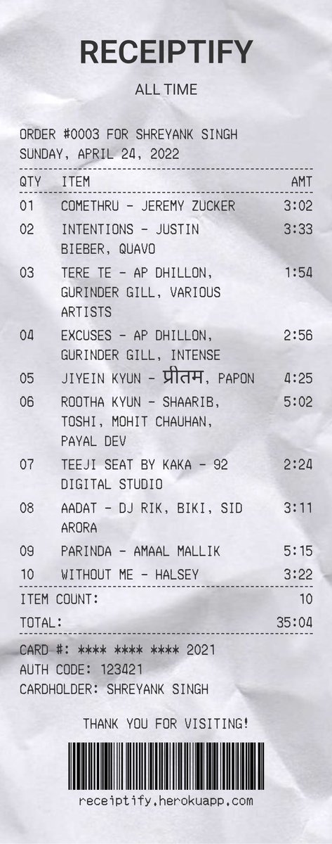 ShreyankSingh33's tweet photo. COMETHRU on the top mostly played..🖤
#Recieptify #Spotify https://t.co/UBRByd1tfc