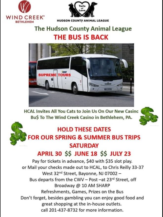 HCALnj's tweet photo. We have a few tix left for our casino bus ride to WindCreek Bethlehem for next Saturday, April 30th! Tickets are $40 w $35 slot play in return. Contact Chris at 201-437-8732 for tix or email hcalnj@gmail.com. Please buy in advance. #FundraiserEvent #AdoptDontShop #KittenSeason https://t.co/6pid53Dy9R