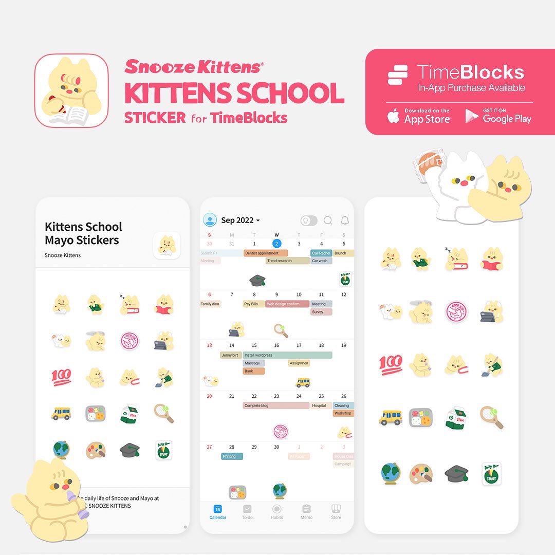 SnoozeKittens's tweet image. 스누즈키튼즈 X 타임블록스 키튼즈스쿨 테마와 스티커팩이 출시되었어요!🚌🏫

TimeBlocks는 모바일에서도 쉽게 스케줄링 할 수 있는 다이어리앱이에요. 앱내 다꾸 스토어에서 스누즈키튼즈 테마와 스티커를 만나보세요.

@GetTimeBlocks #스누즈키튼즈 #타임블록스 #TimeBlocks #디지털다꾸 #다꾸