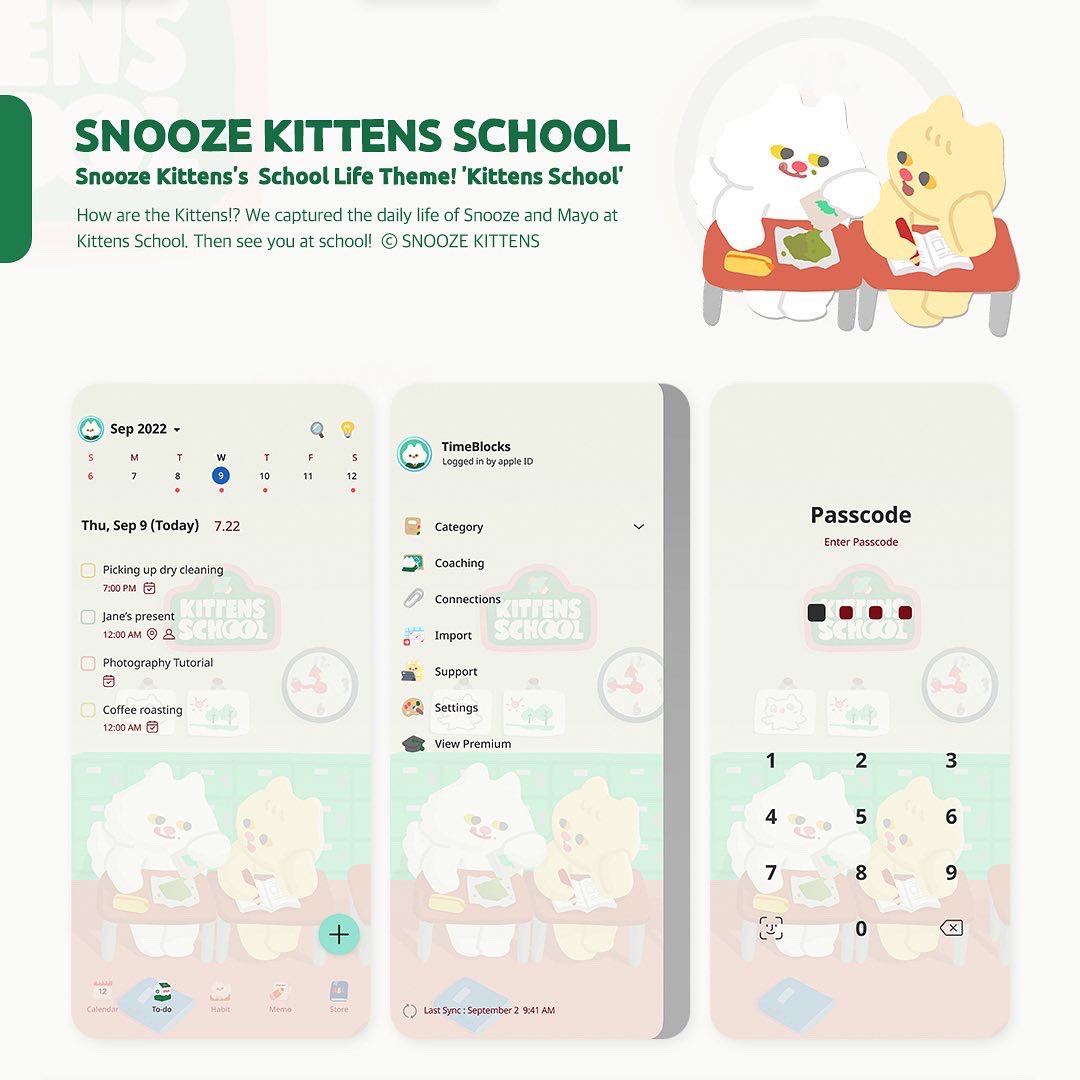SnoozeKittens's tweet image. 스누즈키튼즈 X 타임블록스 키튼즈스쿨 테마와 스티커팩이 출시되었어요!🚌🏫

TimeBlocks는 모바일에서도 쉽게 스케줄링 할 수 있는 다이어리앱이에요. 앱내 다꾸 스토어에서 스누즈키튼즈 테마와 스티커를 만나보세요.

@GetTimeBlocks #스누즈키튼즈 #타임블록스 #TimeBlocks #디지털다꾸 #다꾸