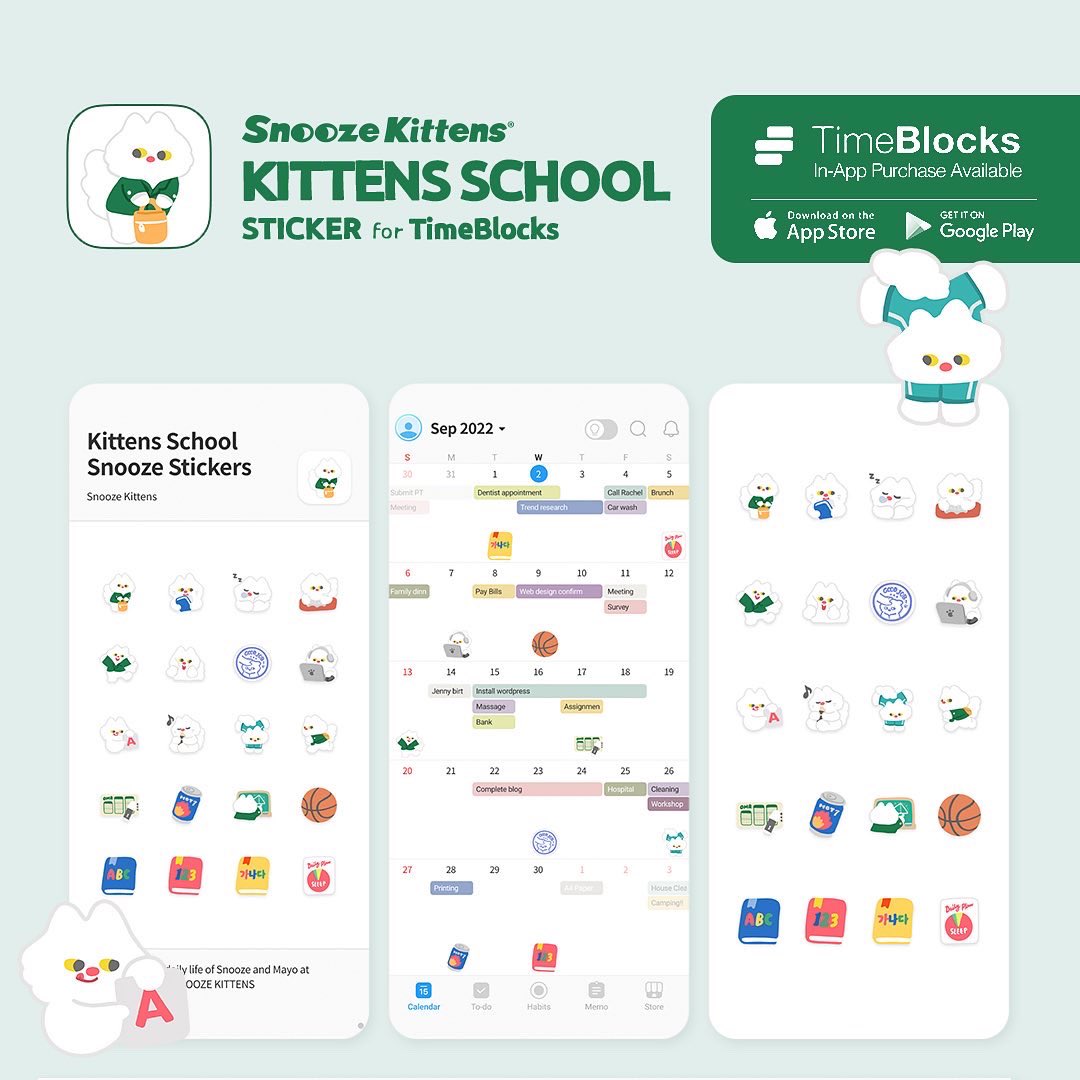 SnoozeKittens's tweet image. 스누즈키튼즈 X 타임블록스 키튼즈스쿨 테마와 스티커팩이 출시되었어요!🚌🏫

TimeBlocks는 모바일에서도 쉽게 스케줄링 할 수 있는 다이어리앱이에요. 앱내 다꾸 스토어에서 스누즈키튼즈 테마와 스티커를 만나보세요.

@GetTimeBlocks #스누즈키튼즈 #타임블록스 #TimeBlocks #디지털다꾸 #다꾸