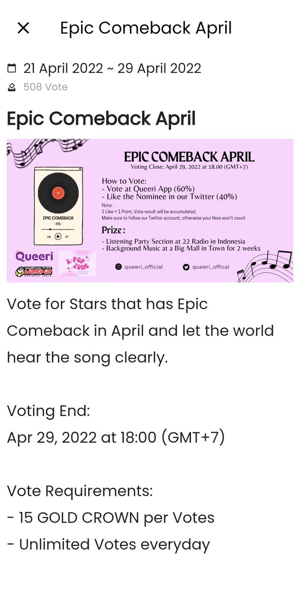 YGvotingteam's tweet photo. 🗳️Queeri

Yugyeom is nominated for Epic Comeback April in Queeri

Voting in the app 60%
Like the tweet 40% 

🏆Listening Party at 22 Radio in Indonesia
-Played at Jogja City Mall BGM (2 weeks) 

📍Vote ends 29/4, 6pm (GMT+7)

#YUGYEOM #유겸 @yugyeom https://t.co/rUorGFmZre
