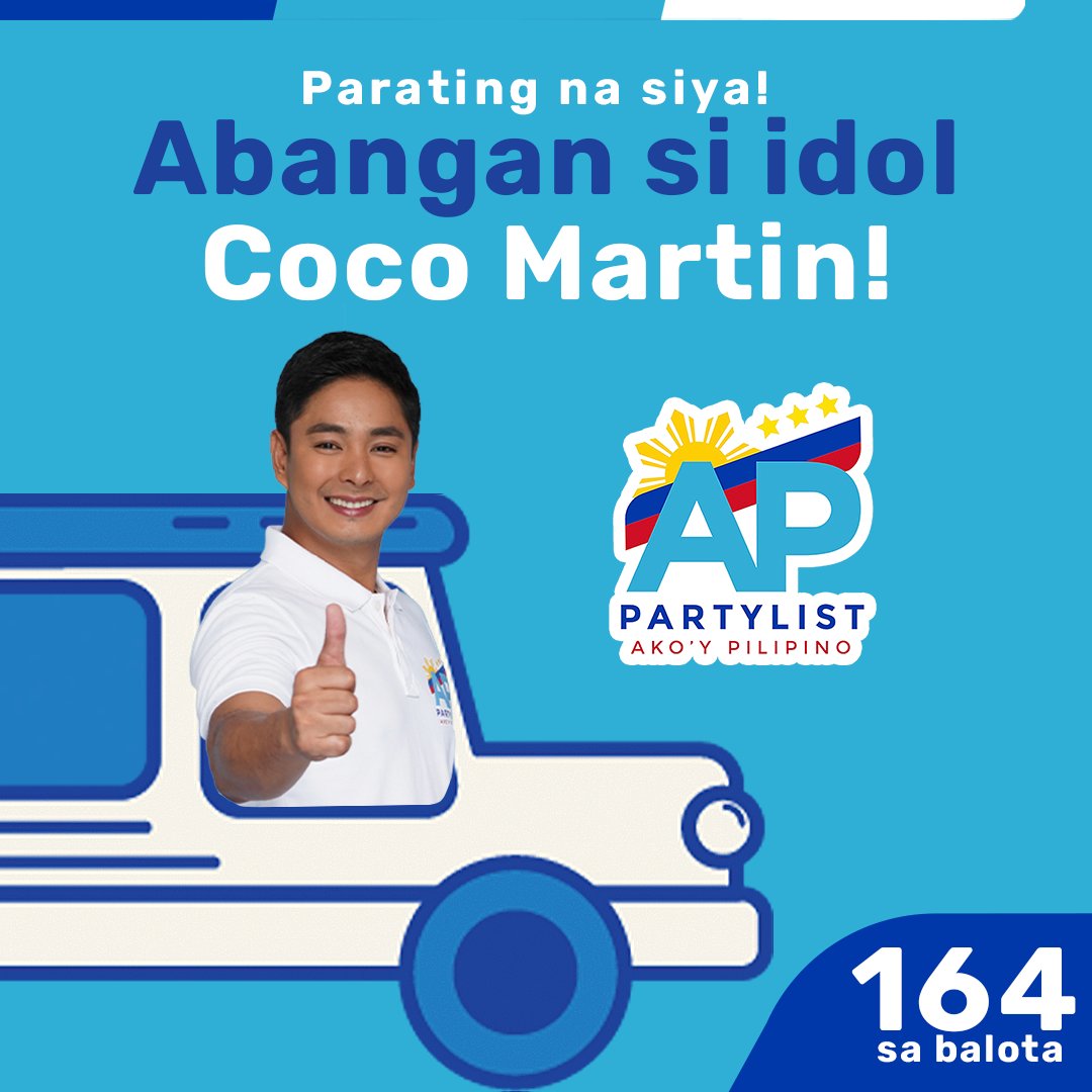 appartylist's tweet photo. Idol nating si Coco Martin, ready na sa biyaheng AP! Abangan siya at baka sa bayan mo na siya susunod mag-landing kasama ang #164APPartylist. Dito na tayo sa biyaheng aasenso ang Pilipino!

#CocoMartin #APPartylist https://t.co/FXaK4IQmOk