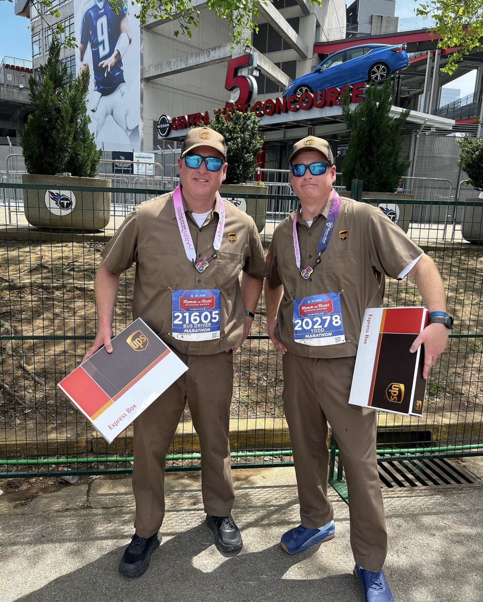 My twin uncles ran the Nashville Marathon dressed as UPS delivery workers