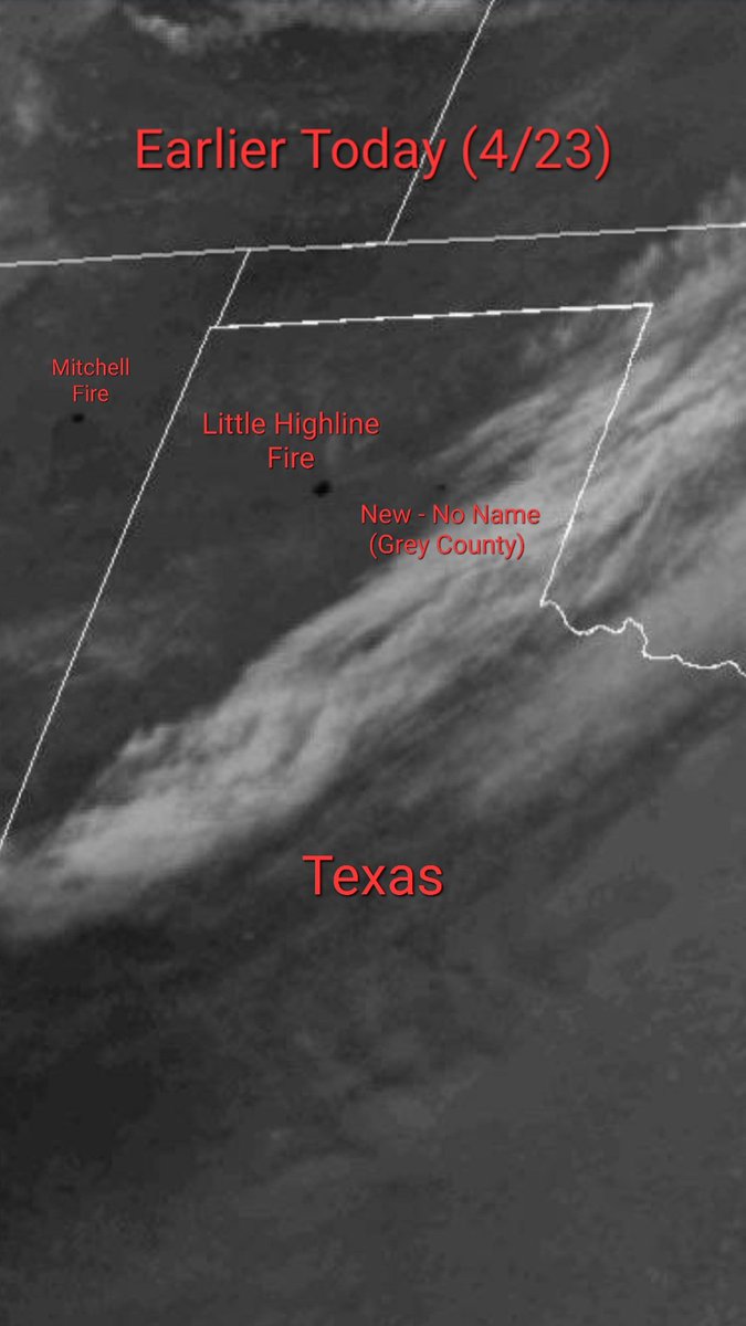 unleashedff295's tweet image. #MitchellFire and #CerroPeladoFire difficult to distinguish here between the cloud cover and smoke from Calf Canyon. Both still visible on IR though. Additional fire visible in Grey County TX east of #LittleHighlineFire unnamed, no longer showing on satellite like it was earlier.