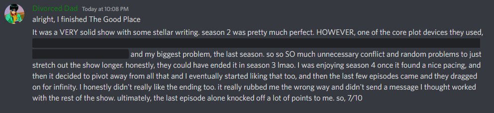 GuyNamedGilbert's tweet photo. tldr; I finished the Good Place, 7/10 https://t.co/hxH0ZWQdWH