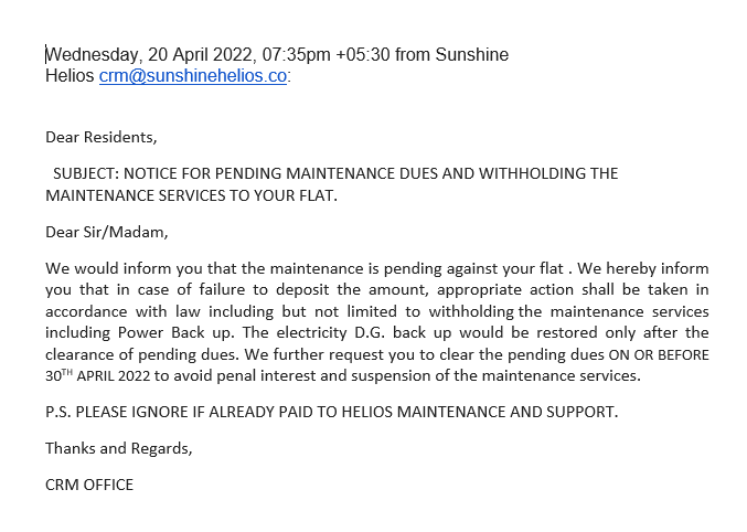 SSHAOA1's tweet photo. The e-mail threat by the builder to the residents to stopping of the electricity backup services. The builder has illegally occupied the premises violating the Allahabad High Court order. Check the response by SSHAOA @myogiadityanath @CeoNoida @DCP_Noida @dmgbnagar @noidapolice https://t.co/twSErM9asH