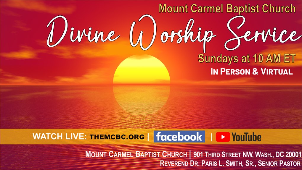 Worship with us in person or virtually this morning at 10AM ET! Rev. Dr. <a href="/ParisLeeSmithS1/">PLSmithSr</a> will speak on "Becoming Friends of the Cross" from Philippians 3:17-19. Watch LIVE on FB @MountCarmelDC, themcbc.org, or YouTube.