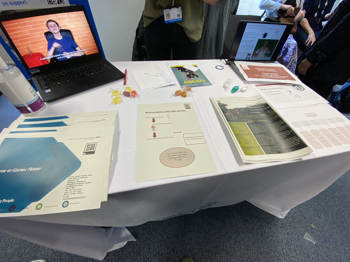 Our stall @SWLSTG_NDS @SWLSTG  during #DeafDay2022. Time fled by without a proper wink. Lovely to see so many people and great talk about why deaf mental health matters. #DeafAccess #NHS #BSL