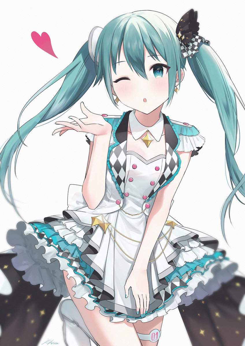 hatsune miku 1girl one eye closed solo twintails blowing kiss white footwear heart  illustration images