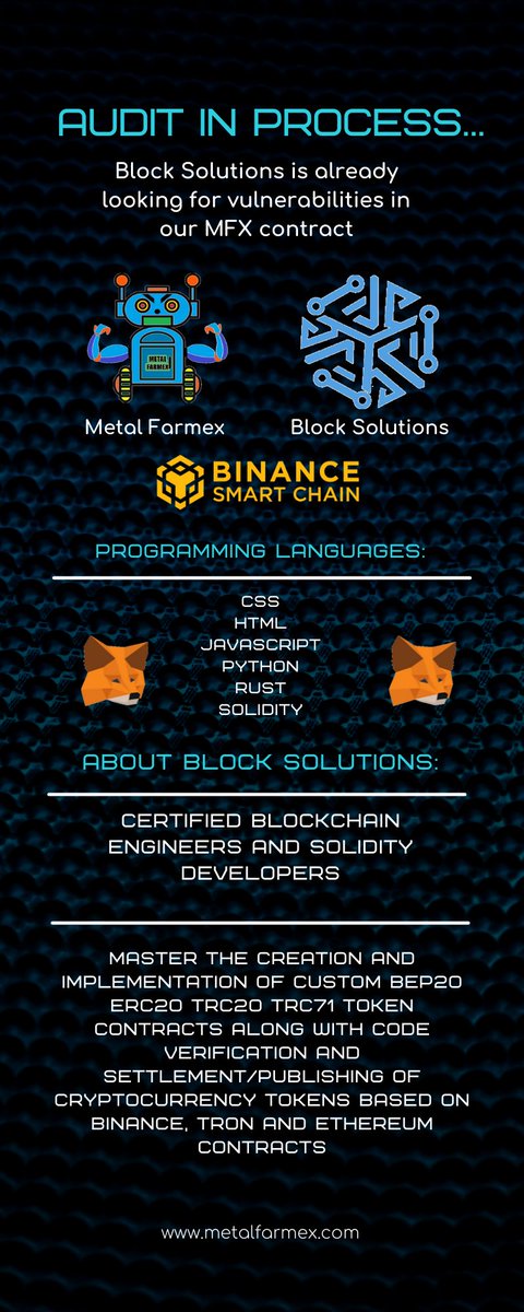 MFarmex's tweet image. BLOCK SOLUTIONS is scanning METAL FARMEX's smart contract.
They will use all the latest tools and manual observations to cover as much evidence as possible to scan everything. 
Smart contracts in scope will be manually reviewed and analyzed with Analysis tools.