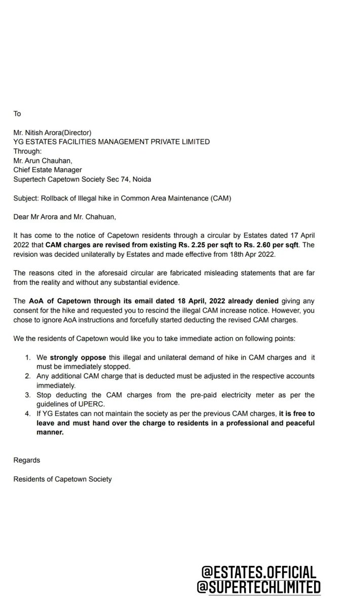 Capetownjanta's tweet photo. CAM charges revised from ₹2.25 to ₹2.60 per sqft. @Capetownjanta strongly opposes this illegal hike in CAM charges and it must be immediately stopped. @estates @Supertechltd 
@dmgbnagar @GroupCarwa @CapetownKa @CapetownNivasi @CapeOwners @CapeCarwa @volunteers7x https://t.co/Va3eX045do