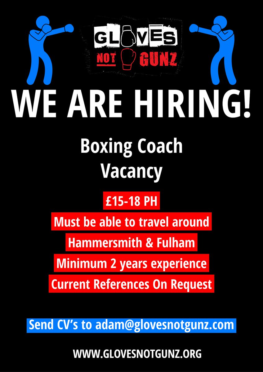 be_inspireduk's tweet photo. Gloves Not Gunz 

We are hiring AGAIN!! 

Our work is expanding in all areas (Hammersmith &amp; Fulham, Croydon and Bromley) so please get in touch if you’re interested in joining our amazing team. 

Please share https://t.co/bqBNe9Kvwv