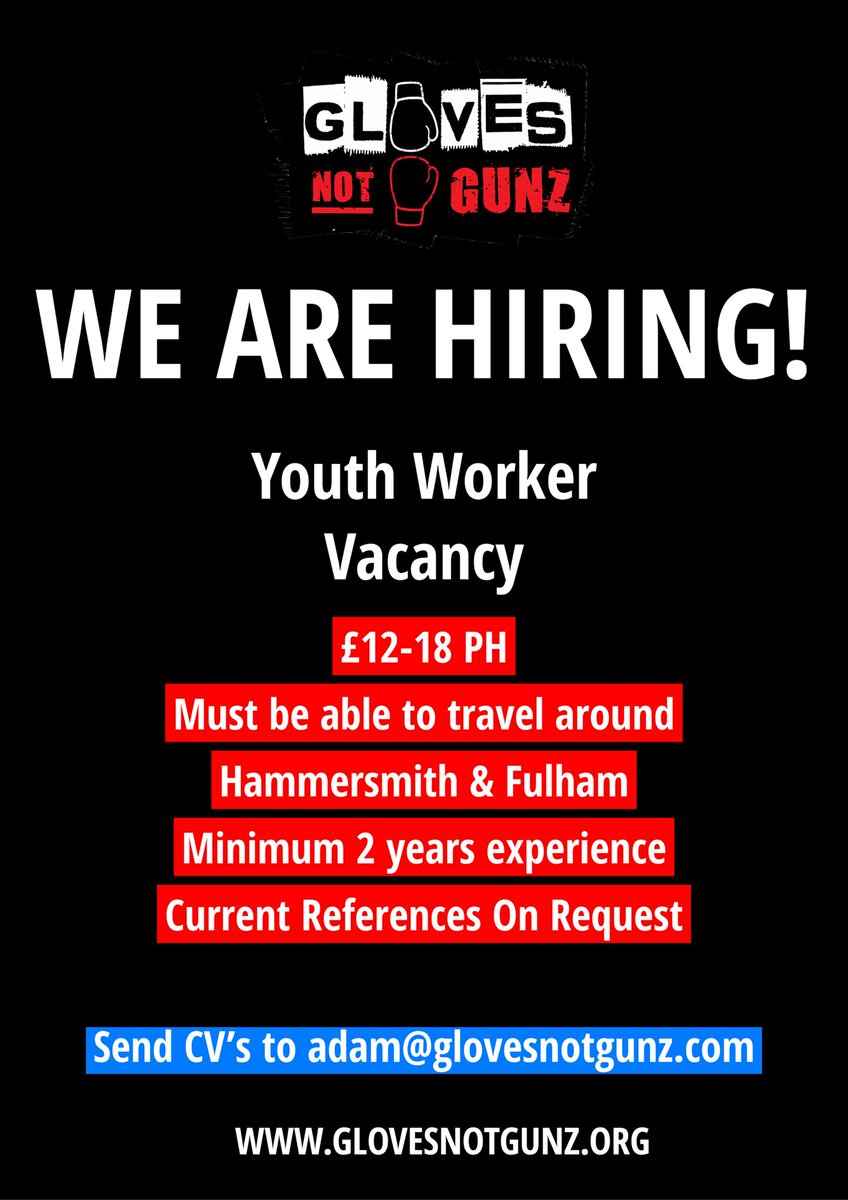 be_inspireduk's tweet photo. Gloves Not Gunz 

We are hiring AGAIN!! 

Our work is expanding in all areas (Hammersmith &amp; Fulham, Croydon and Bromley) so please get in touch if you’re interested in joining our amazing team. 

Please share https://t.co/bqBNe9Kvwv