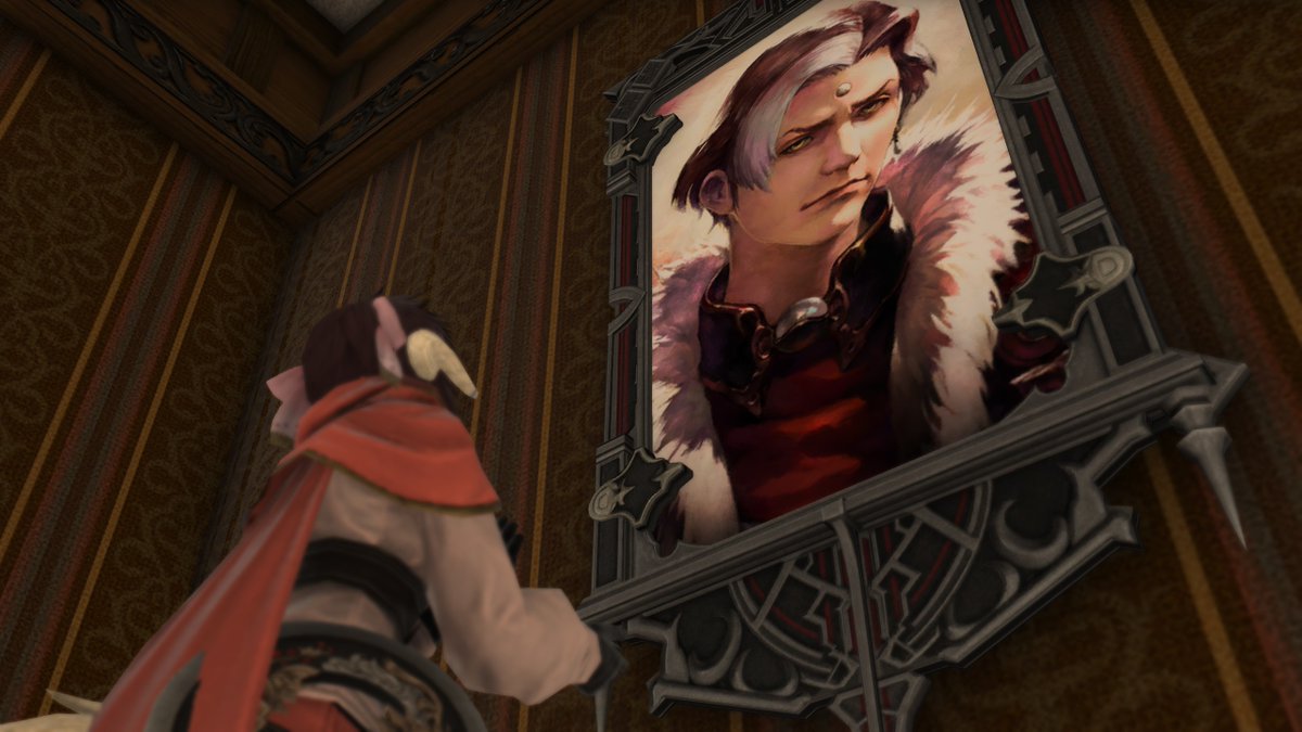 my FFXIV is conversing with an enormous portrait of emet-selch. She is a small horned woman in a pink tunic and cloak. He is a grim-looking man in an elaborate fur coat, with a streak of white through his dark hair.