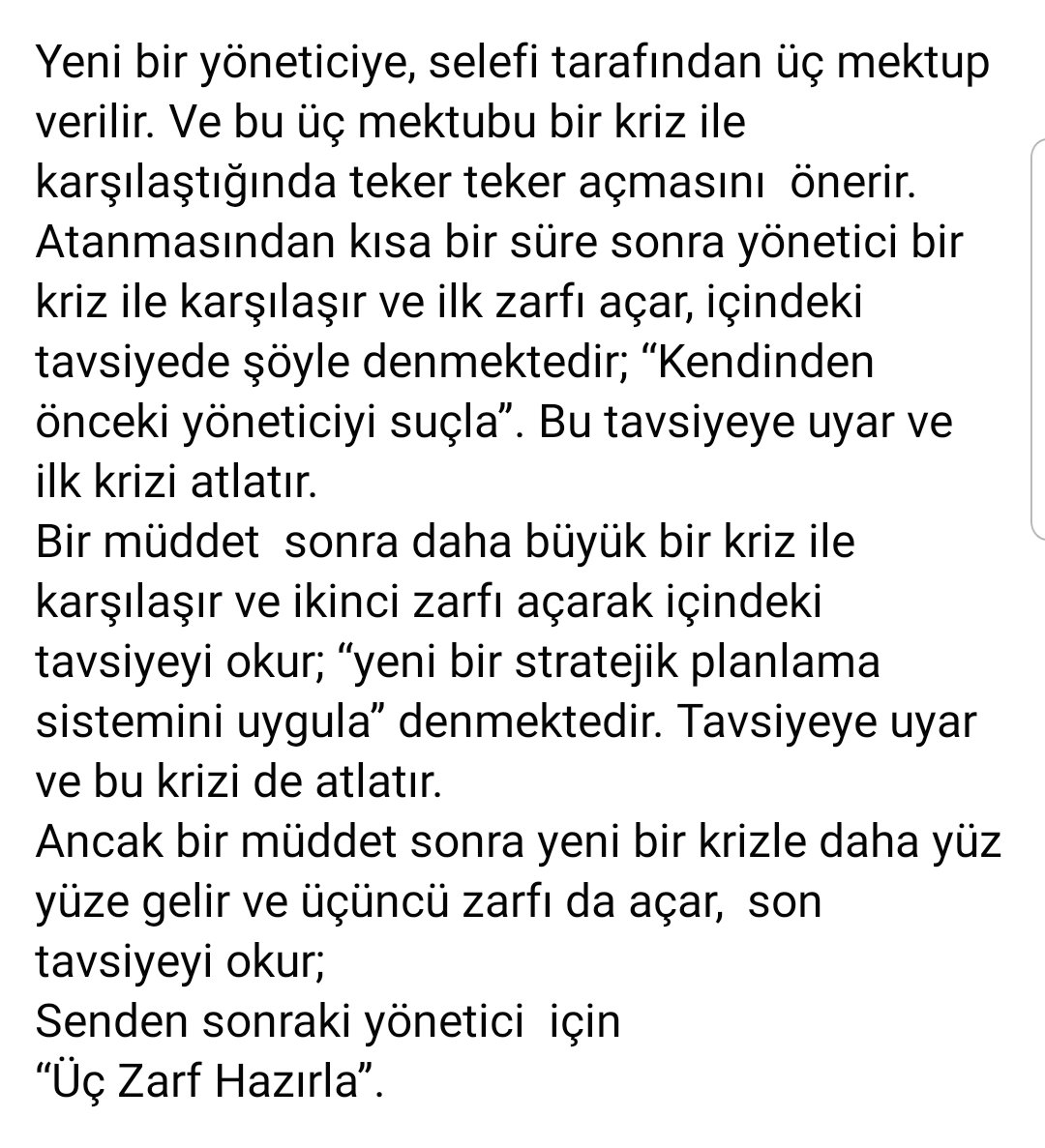 Senden sonraki yönetici  için 
“Üç Zarf Hazırla”.