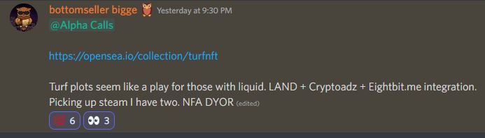 NightOwlsNFT's tweet photo. You want to be in an alpha group that picks up things like this before they start moving.
Call was at .27 fp when everyone was busy fomoing in on @eightbit 

Congrats to Owls who followed!🦉 https://t.co/NLkYlXXBOy
