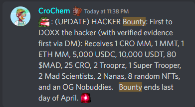 Jettit777's tweet photo. Grey Hat bounty!! Over $50K (bounty increasing) up for grabs

reach out to @CroChemist for bounty turn-in

Known malicious sites:
ht..//<madmeerkatnft> dot io

attacker ETH wallet:
0x3946ce1283e3578a238a0a82cea64c5a70937c19

Verified impacted wallets included below https://t.co/ZkDWqGPy8M