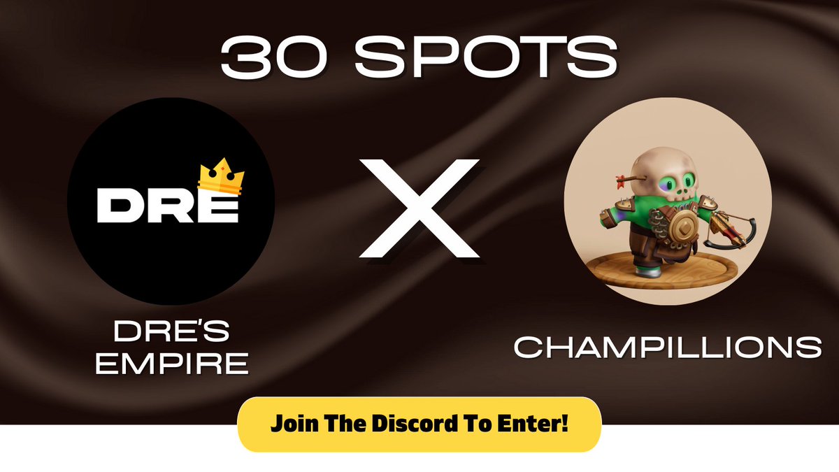 Dre's Empire x Champillions

@Champillons Have given us 25x wl spots to giveaway on our discord and 5 on twitter

1. Follow @Champillons, <a href="/Dres_Empire/">Dre</a> and <a href="/CryptoJaks87/">Saad Jaoui</a> 
2. Like, rt and tag 3 friends
3. Join the discord: discord.gg/dresempire

Ends in 24 hours!!