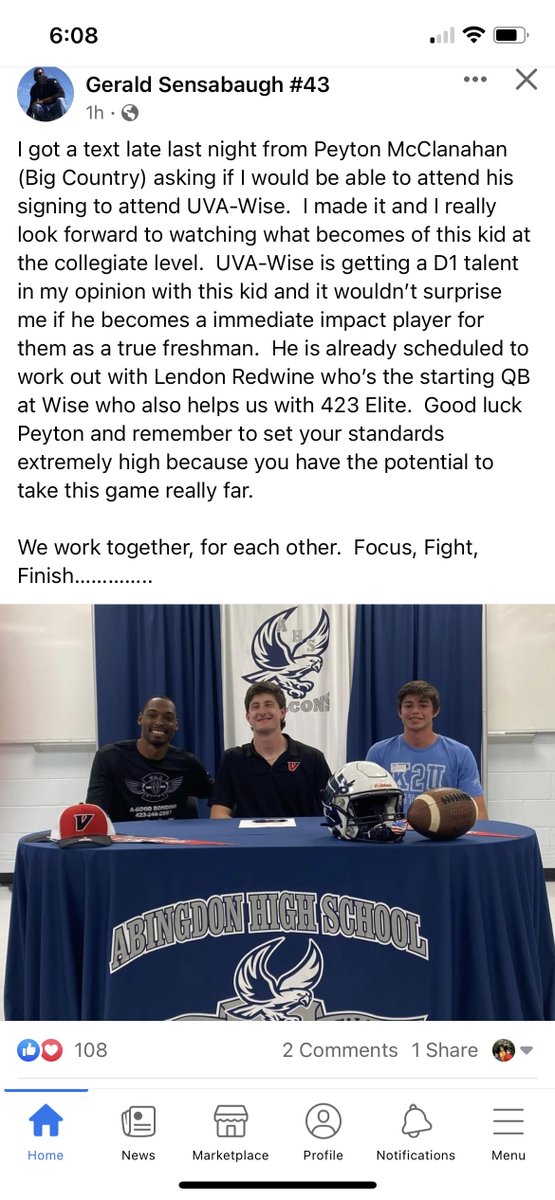 It was an honor to sit with Peyton during his signing with UVA-Wise.  I know he's going to do great things there.  We've been tossing the ball around since we were 8 years old, and I know - NO ONE will out work him.  <a href="/pmcclanahan20/">Peyton McClanahan</a> <a href="/UVAWiseFootball/">UVA Wise Football</a> <a href="/LendonR/">Lendon Redwine</a> <a href="/423Elite7v7/">423 ELITE 7V7</a>