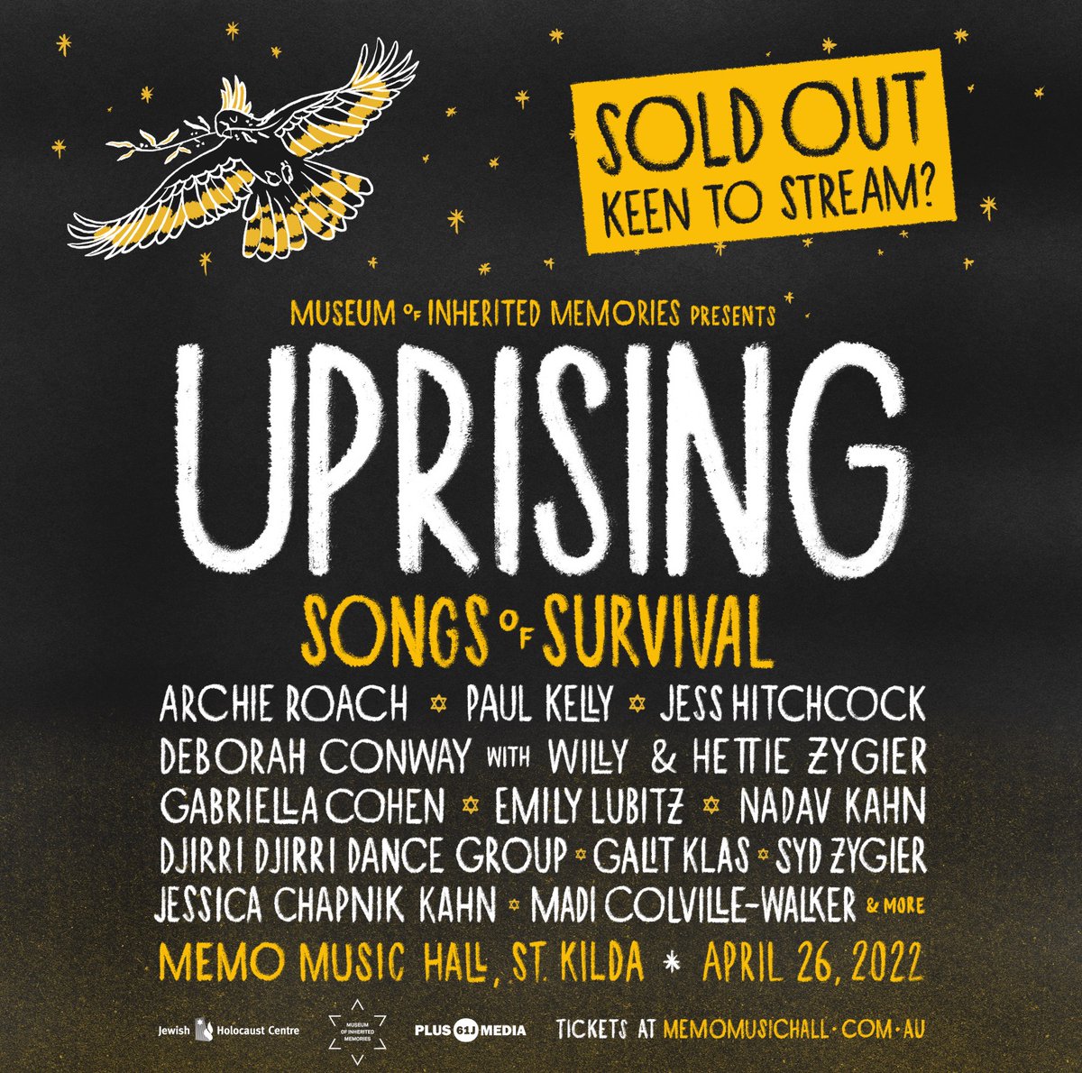 Thrilled to be a part of Uprising - Songs of Survival this Tuesday 26th April. Tune into the live-stream as we sing in solidarity, celebrate survival and honour our histories and healing @museumofinheritedmemories memotv.com.au/the-main-room/