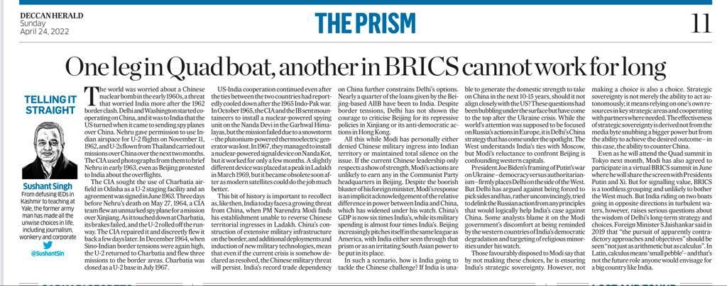 SushantSin's tweet photo. "The effectiveness of India's strategic sovereignty is derived not from the media byte snubbing a bigger power but from the ability to achieve the desired outcome – in this case, the ability to counter China." My #TellingItStraight column in @DeccanHerald https://t.co/05jVKJA6Vp