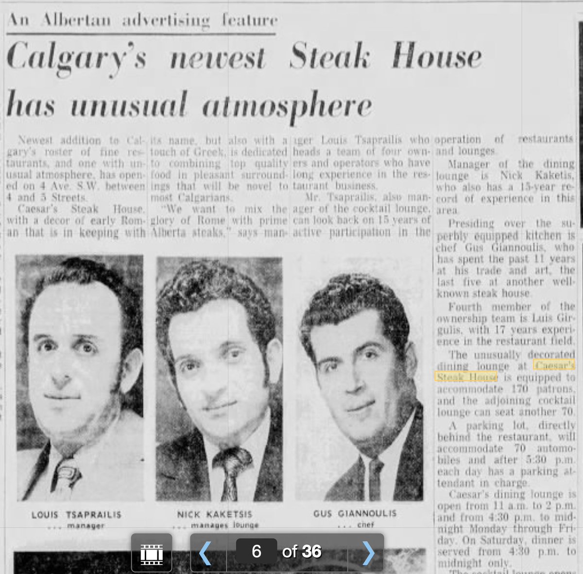 harry_historian's tweet image. Dined at Caesar's Steak House for the 1st time in years. Got home &amp;amp; learned that its 50th anniversary is three days from now! From the Albertan, May 11, 1972. caesarssteakhouse.com/our-story