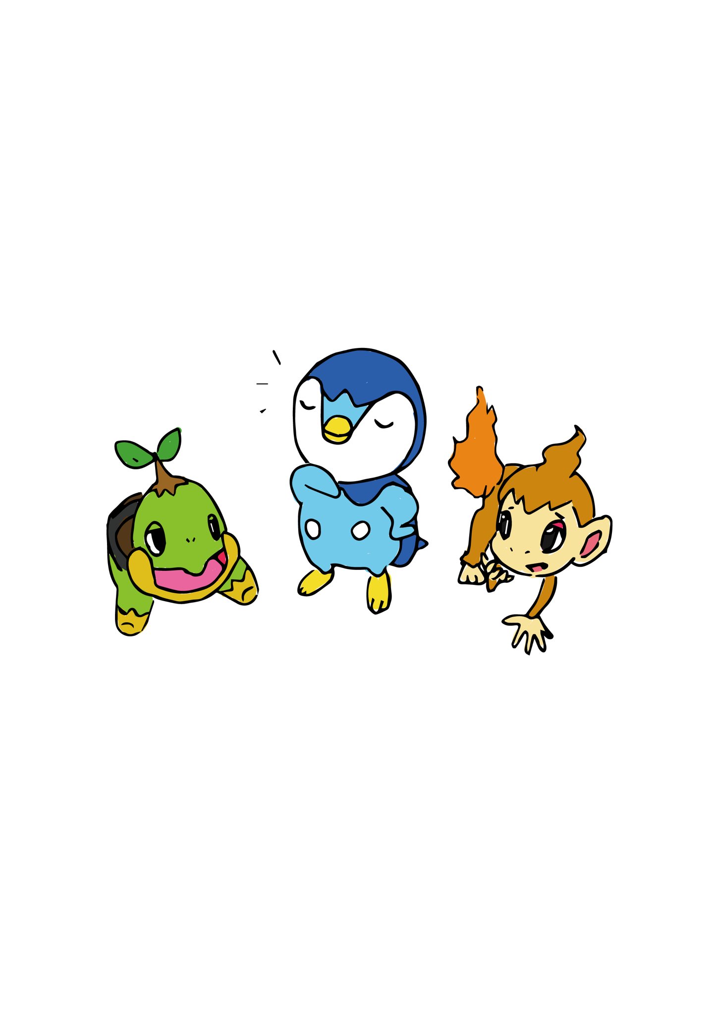Ichio いちお 御三家ポケモンのイラスト シンオウ地方編 威張りん坊ポッチャマにたじたじのナエトルとヒコザル イラスト ポケモン イラストレーター T Co Kh2bi81rqt Twitter