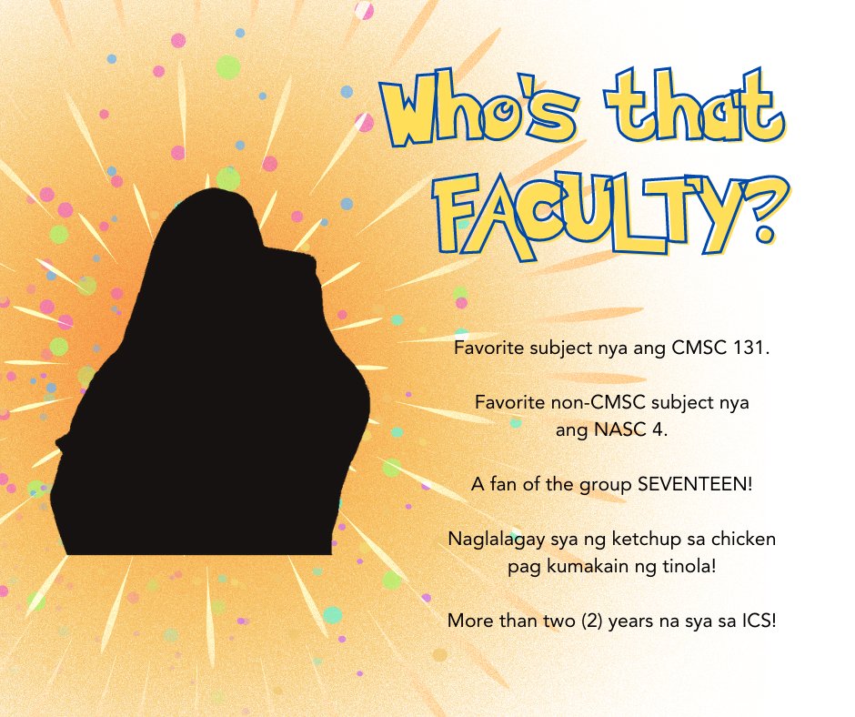 ics_uplb's tweet photo. Who’s That Faculty?

Head over to our FB Page and comment your guess on today's post!

Make sure to follow the format “#IChooSeyou <Name of Faculty Member>! #ICSEvolve2022”. (For example: #IChooSeYou Ma’am Kat! #ICSEvolve2022) https://t.co/23U1xgA0Tv