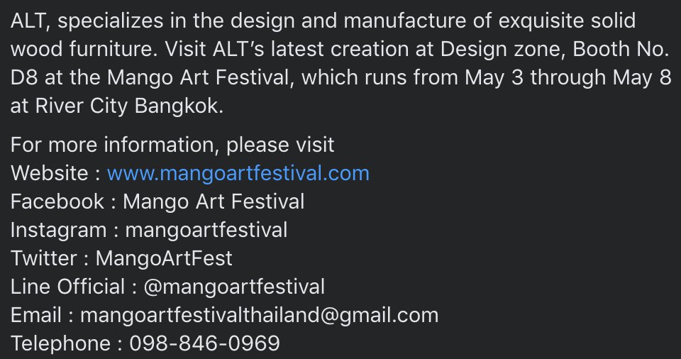 มาทำความรู้จักกับดีไซน์เนอร์ในงานกัน!!

นอกจากนี้ยังมีสิ่งที่น่าสนใจอีกมากมาย สามารถติดตามได้ในเฟสบุ๊คเพจของMango ใครเบื่อเที่ยวห้าง ชวนเพื่อนๆมาเดินงานศิลปะแบบเจ๋งๆกันได้ที่งาน Mango Art Festival ที่ River City ในวันที่3-8พค ได้เลย!
#MangoArtFestival2022
