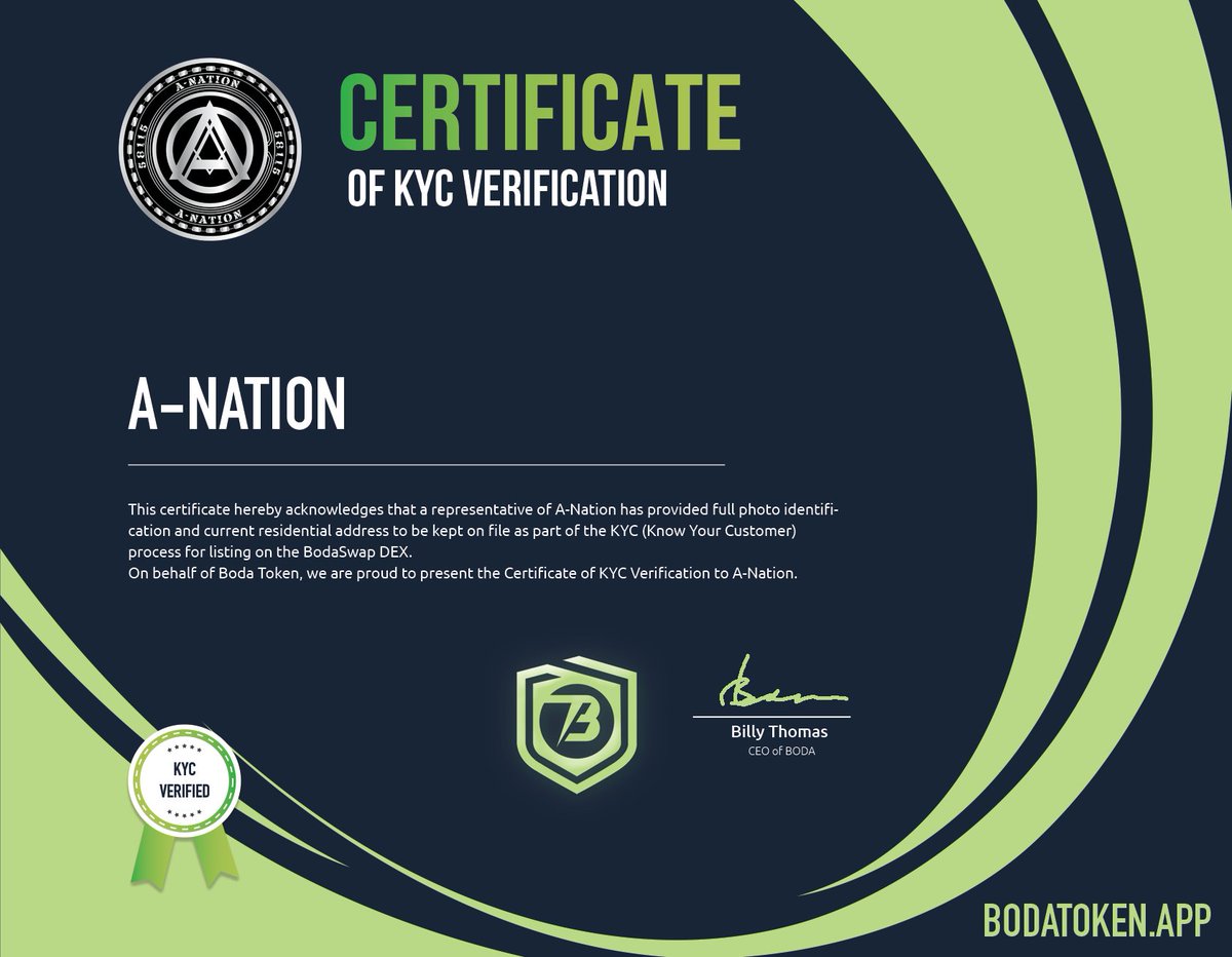 BodaToken's tweet photo. Keeping the #crypto space safe has always been one of our top priorities with #BODAV2. 

We're proud to present our KYC Verification Certificate to @AnationToken as part of their listing on #BodaSwap! 

#ANATION is now available without slippage - https://t.co/uuOs83qKPt

#BSCGem https://t.co/9GjgOkfeme
