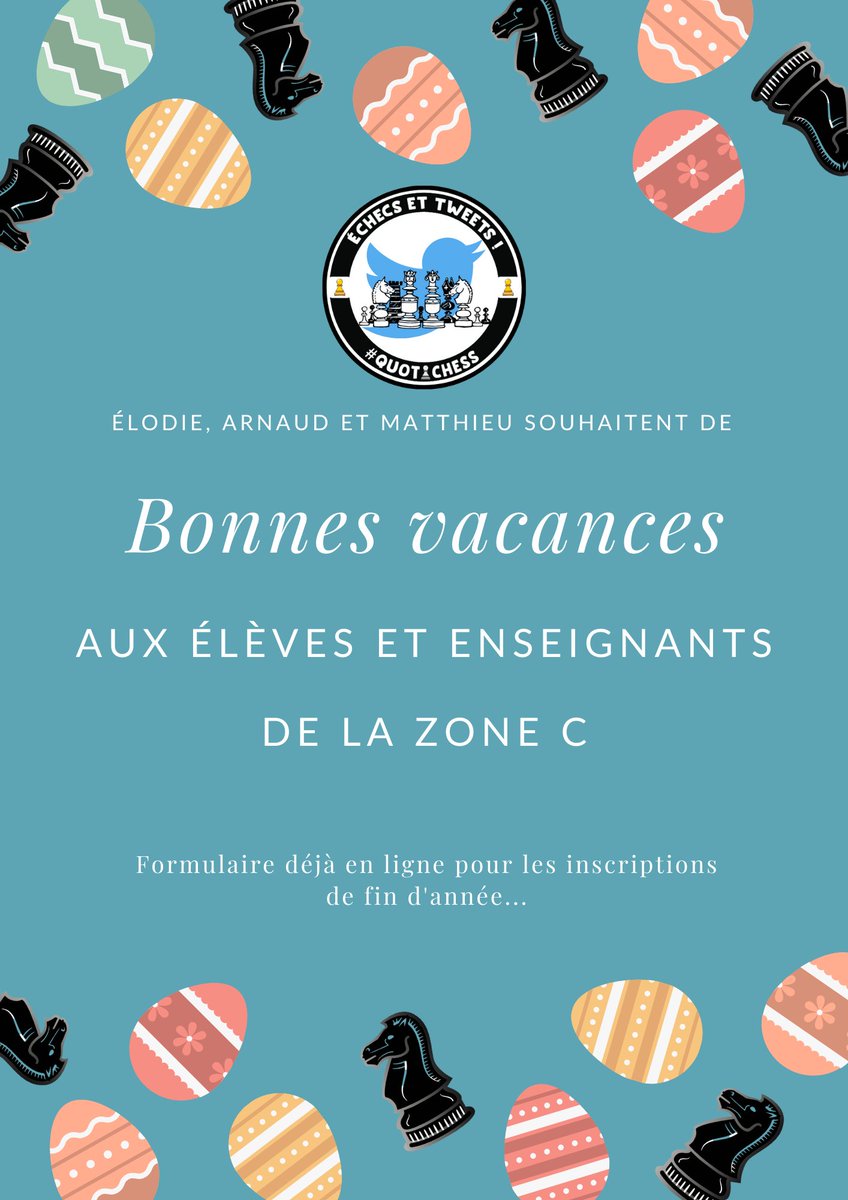 QuotiChess's tweet photo. #ZoneC #QuotiChess #Echecs
Nous vous remercions pour les échanges et les #Parties de la #Periode4 et nous vous souhaitons de bonnes #Vacances. ♟
Bonne reprise demain à la #ZoneB. 💪
Les prochaines inscriptions sont déjà lancées :
https://t.co/TwdzlUvW3J https://t.co/BrU0ev37s6