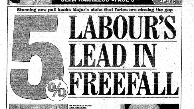 labour_history's tweet photo. #OTD #Election1997. With a week to go until the election, an ICM poll reports that Labour's lead is down to just 5pts.
Major is, for the first time, ahead on the "Best PM" question. Blair says "there is only one poll that counts and that is on election day" https://t.co/z636DeBjKj