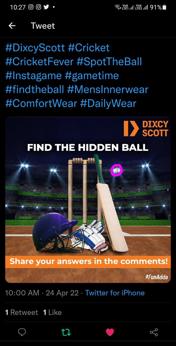Deepak62032235's tweet photo. @DixcyScott Between bat & light or In Front of 2nd light .
#FunAdda
#DixcyScott #Cricket #CricketFever #SpotTheBall #ball #Instagame #gametime #findtheball #MensInnerwear #ComfortWear #DailyWear
Tag
@vermashweta083
@SonaliSBera
@DeeptiA14313430
@Manisha10832911
@Nalini18751612
@Shalini4168 https://t.co/SeqnzCVypO
