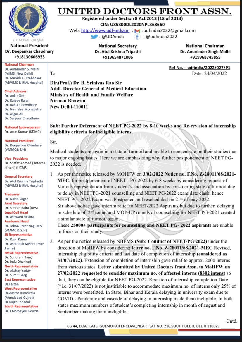 drarunkofficial's tweet photo. @UDAIndia @drdeepankar07 wrote letter to @OfficeOf_MM requests @mansukhmandviya #Healthsecretary #ADGME Dr.BSrinivasSir regard further deferment of #NEETPG22 by 6-8 week and re-revision of criteria for ineligible intern &Mid-rankers.@drasmalhi @ndtv @NidhiTanejaa @TheLallantop https://t.co/DnXQK8hbp3
