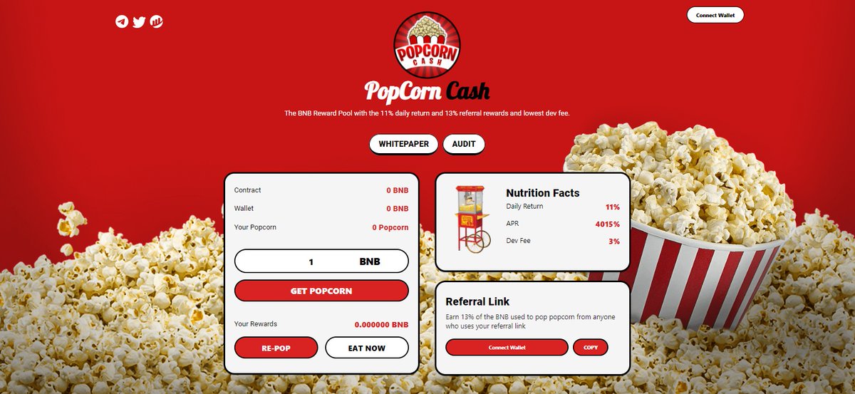 NEW!! - #PopCornCash

🍿 Earn up to 11% daily
🍿 3% Fee
🍿 Earn up to 13% referral commission
🍿 On the BSC Mainnet

popcorncash.io