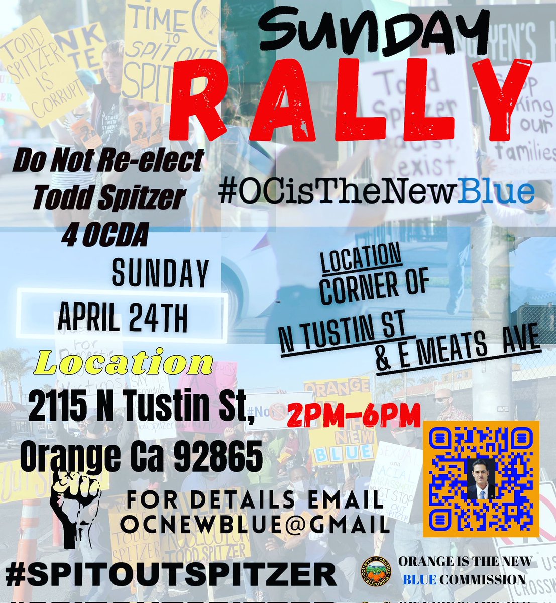 caravan4justice's tweet photo. Please join us tomorrow as we rally Orange County residents to vote no against re-electing corrupt bias racist;Todd Spitzer for Orange County District attorney!
#OCisTheNewBlue #spitoutspitzer #ocitnb https://t.co/wZ7TNs9o1J