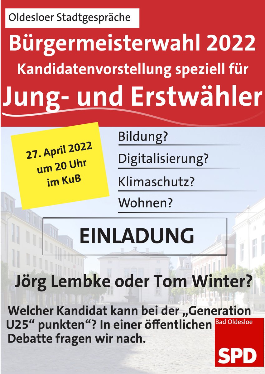 Jörg Lembke und Tom Winter stellen sich erneut den Fragen von Moderation und Publikum. 
Die Themen sind Bildung, Digitalisierung, Klimaschutz und Wohnen und richten sich an jüngere Menschen.

Am 27.04. um 20 Uhr im KuB.

Infos unter:spd-od.de

#oldesloe
#badoldesloe
