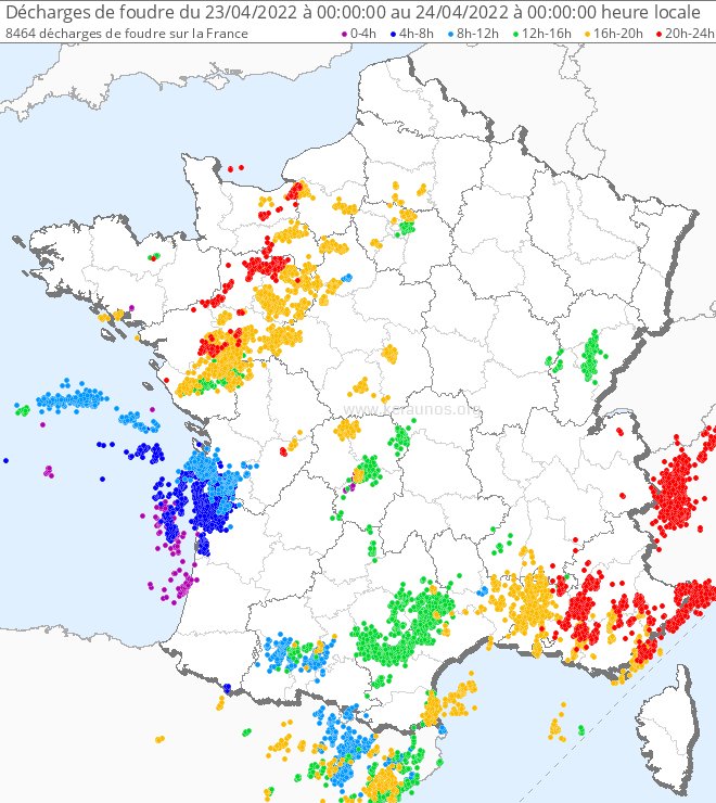 Plus de 8000 éclairs détectés sur la France sur la journée de samedi, de loin la journée la plus orageuse de 2022 à ce jour. 