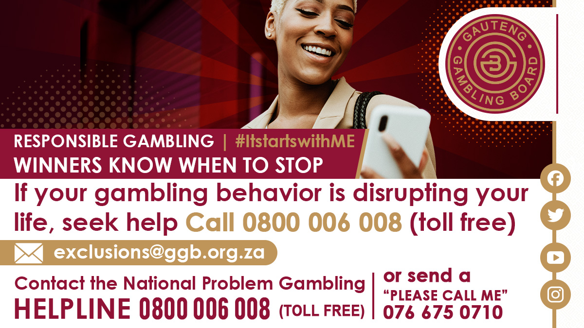 Gautenggamblin's tweet photo. If your gambling behavior is disrupting your life, seek help

Call 0800 006 008 (toll free)
#GautengGamblingBoard
#responsiblegambling
#WinnersKnowWhenToStop
#Gambling
#selfexclusion
#ItStartsWithME
#GamblingAddiction
#Saynotoproblemgambling
#ProblemGamblingCounceling https://t.co/ohmrSSonXv