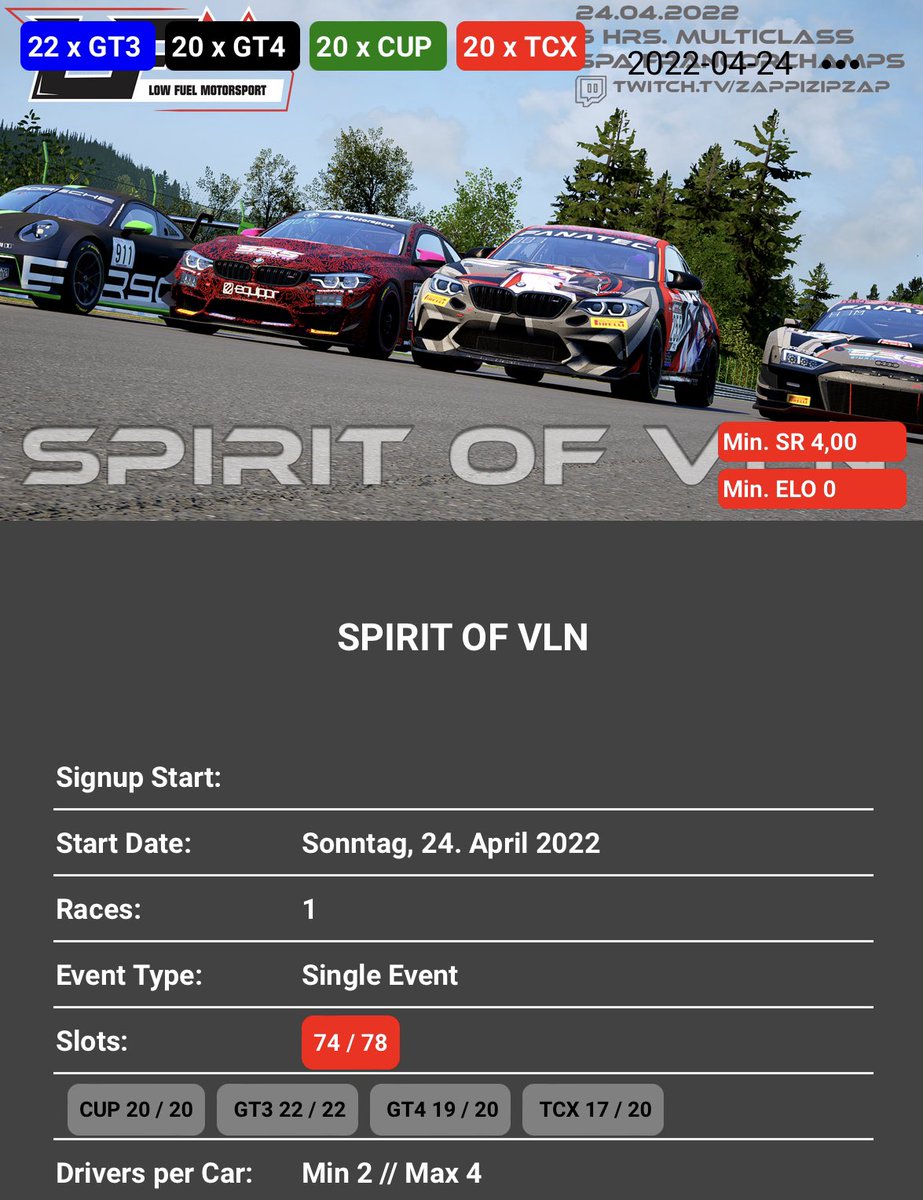 Today is the day! In honoring of the great VLN we are in a 6h race at spa in our event „Spirit of VLN“.

A total of 74 cars in 4 classes will battle for the win of this event.

Let’s see who can survive the Ardennes roller coaster!

Official broadcast: twitch.tv/zappizipzap