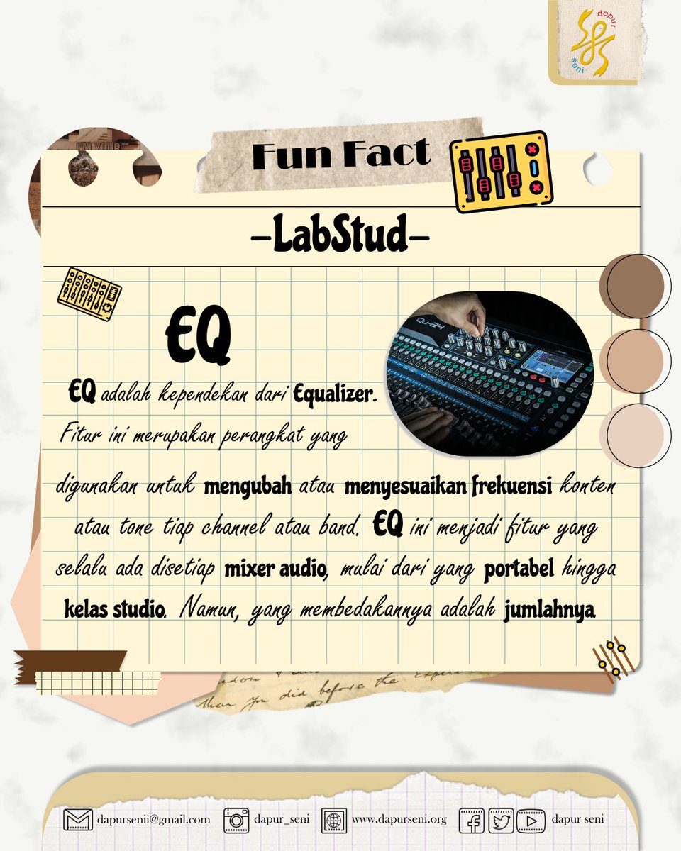 dapurseni's tweet photo. [FUNFACT SENI]

Hai Fellas!🙋🏻‍♀️🙋🏻‍♀️

Main musik tapi ingin mengoprek nada atau bermain dengan sound?
Yuk coba pelajarin istilah-istilah yang kerap ditemui saat menggunakan MIXER AUDIO!

#FunFactSeni
#FunFactLabStud
#DapurSeni2022 https://t.co/GRqtJKZcQ5