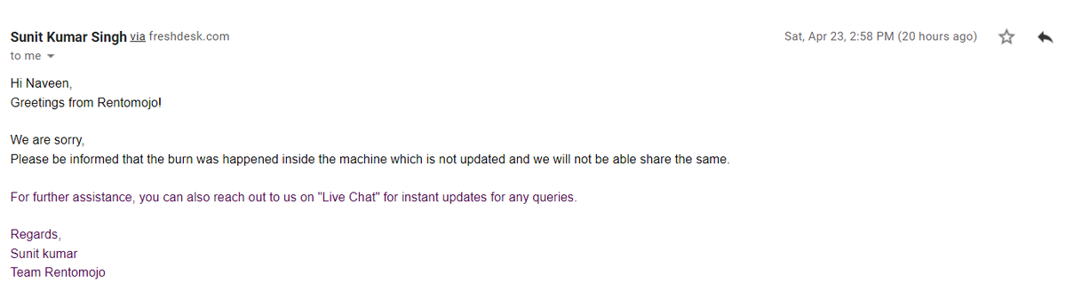 AGNaveen's tweet photo. @GeetanshBamania @rentomojo I cant find anything like that and asked more details in the email and I got this reply. But the same person only called and told that we checked, verified and validated the motor failire and you can also find the same motor failure images are there in the deposit dashboard. https://t.co/MVRQL1I4zn