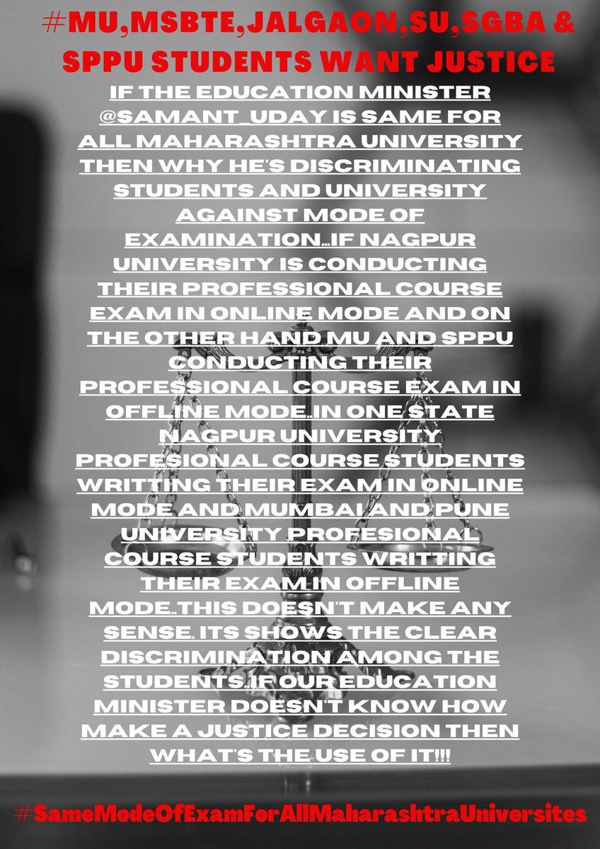TanujGanga's tweet photo. #ResignUdaySamant
#RightToEquality
#OnlineExamForAllMaharashtraUniversities 
#OnlineExamForSummerSemester
@AjitPawarSpeaks @CMOMaharashtra @anubha1812
@vijay_kanojia @mpdhairyasheel
@prajaktdada 
@thetanmay
@Shwetaa_verma
@SheetalSheth_
@SardesaiVarun
@samant_uday
@AUThackeray https://t.co/HgB1fmzo4f