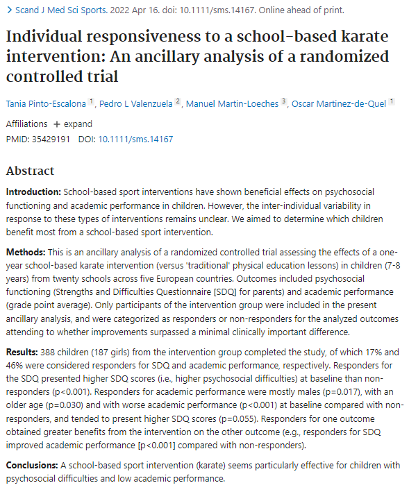 odequel's tweet photo. #NewStudy
Individual responsiveness to a school-based karate intervention in 20 European schools
Conclusion: A school-based sport intervention (karate) seems particularly effective for children with psychosocial difficulties and low academic performance
#BrainAndExercise https://t.co/UxL3sUZJM2