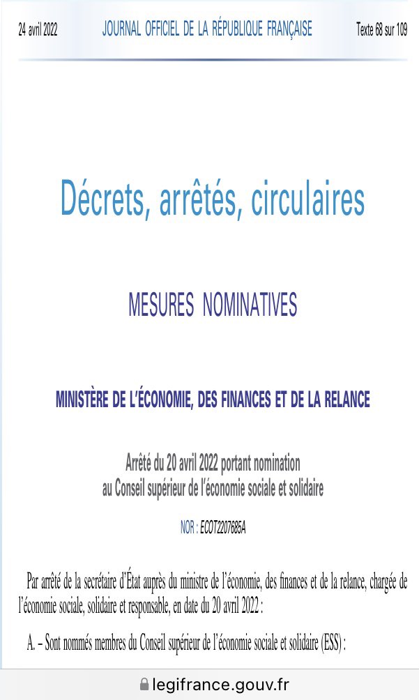 #Fier Ce soir, je ne serai pas appelé pour devenir ministre du prochain Gouvernement. Mais je viens d’être nommé au Conseil supérieur de l’#ESS, comme personnalité qualifiée (au titre de <a href="/CTerress/">Chaire TerrESS</a> de <a href="/ScPoBx/">Sciences Po Bordeaux</a>). Merci <a href="/oliviagregoire/">Olivia Gregoire</a>. 
Liste complète 👉 legifrance.gouv.fr/jorf/id/JORFTE…