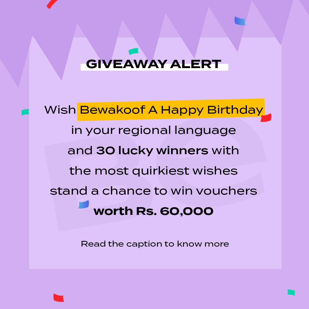 bewakoof's tweet photo. #ConestAlert for our new launch #RegionalRaga 🚨

-Follow @bewakoof
-Like and Retweet this Post
-Wish us a happy Birthday in your regional language

30 winners win vouchers worth Rs.60,00

#contest #giveaway #dailycontest #cashprize #giveawayalert https://t.co/sNZagmAkK2