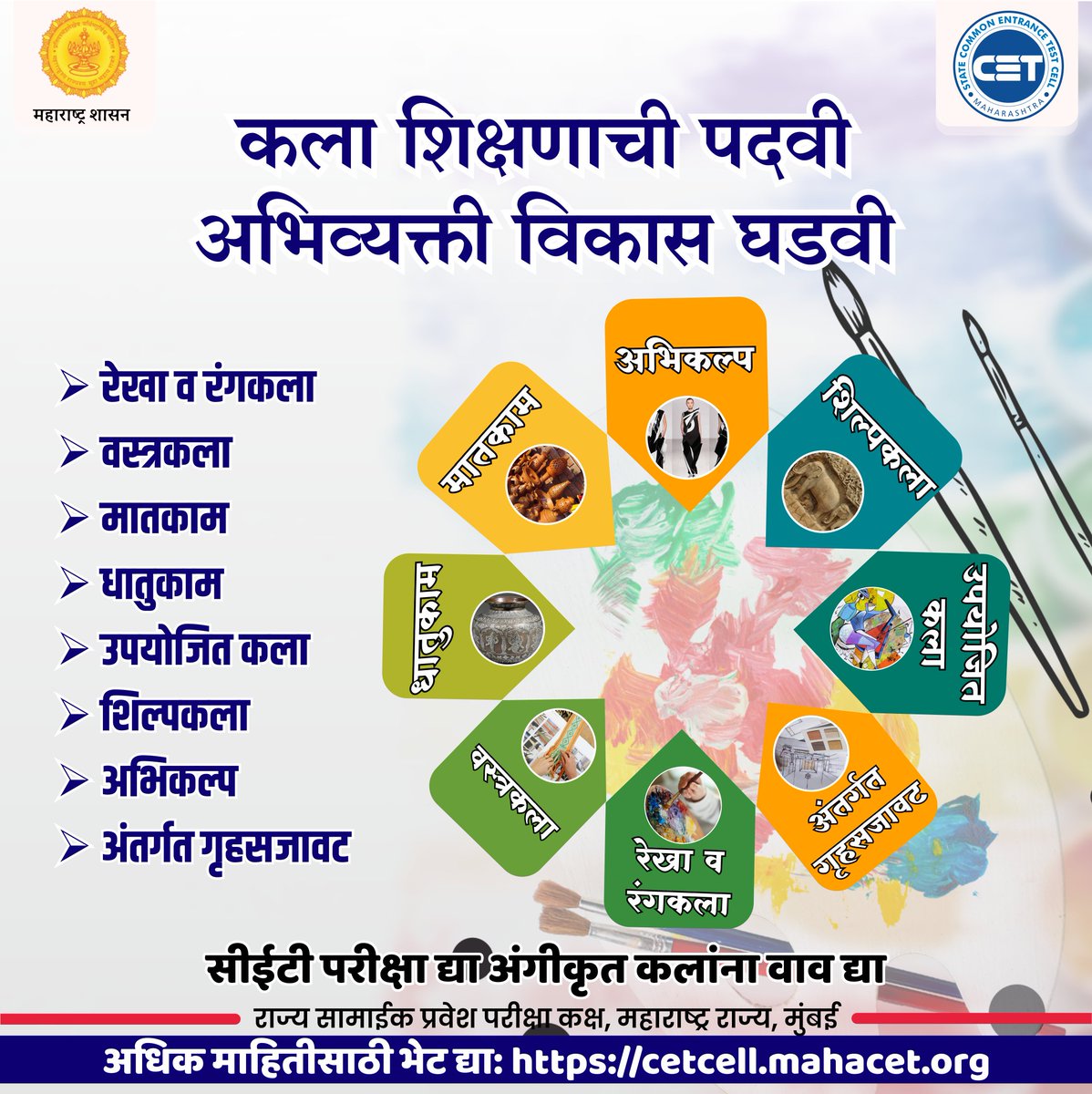 CETCELL's tweet photo. कला शिक्षणाची पदवी घ्या
जीवनात आनंदाचे रंग भरा
#CET #CETCell #Education #capround #MaharashtraEducation #college #admission #MHTCET #MHTCET2022 #Art #fineart #hobby https://t.co/eFCLqyURMq